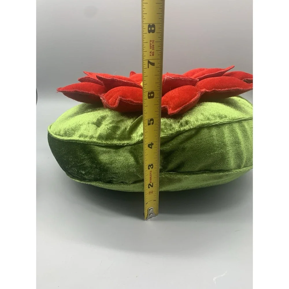 Vintage Christmas Poinsettia Throw Pillow Red Green Velour Round 11